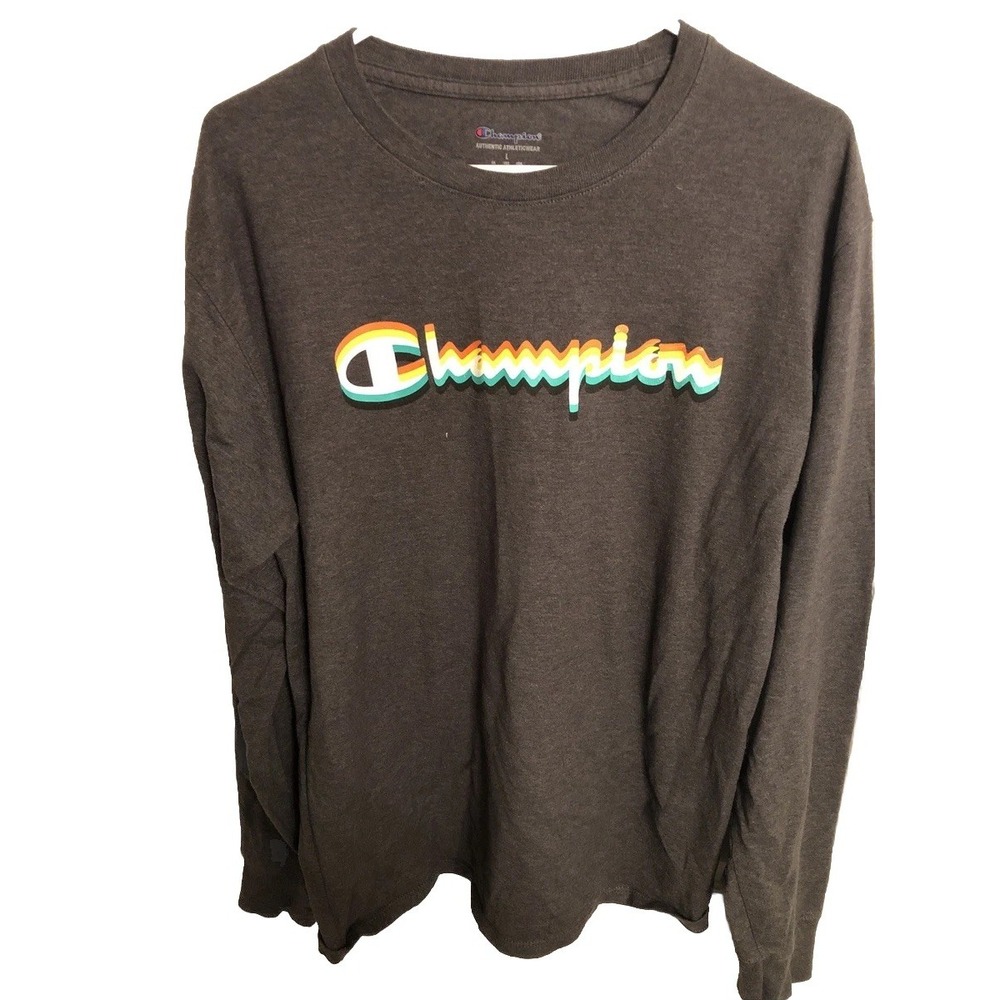 Champion Men Heather Gray Long Sleeve Tee Shirt W/Multi-Color Rainbow Logo Large